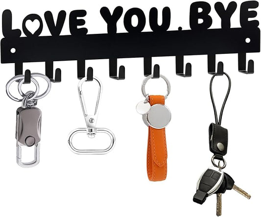 Key Holder for Wall, Key Hooks with 8 Hooks, Key Holder Wall Mount Self Adhesive, Key Rack for Wall No Drill for Entryway, Front Door, Hallway, Living Room (Black-Love You Bye)