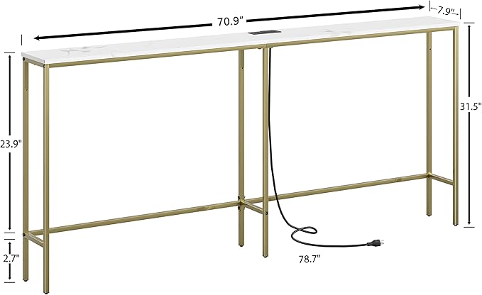 70.9 Inch Console Table with Power Outlet,Modern Narrow Long Sofa Table Behind Couch,Skinny Entry Table with Gold Metal Frame for Entryway,Living Room, Hallway,Marble White