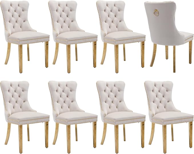 Luxury Upholstered Dining Chairs Set of 8, Beige Kitchen Chair with Golden Metal Legs, Velvet Tufted Back Dining Chair, Sillas de Comedor, Modern Kitchen & Dining Room Chairs (Beige, 8 Pcs)