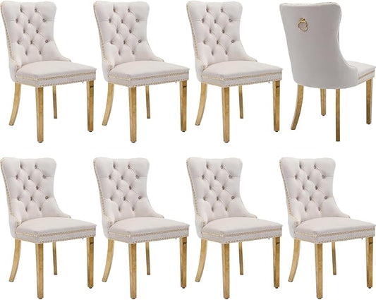 Luxury Upholstered Dining Chairs Set of 8, Beige Kitchen Chair with Golden Metal Legs, Velvet Tufted Back Dining Chair, Sillas de Comedor, Modern Kitchen & Dining Room Chairs (Beige, 8 Pcs)