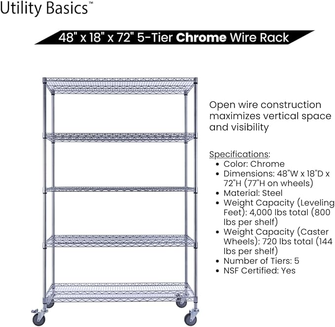 NSF Commercial 5-Tier Wire Shelving with Wheels, 48"x18"x72" Heavy Duty Metal Shelves 4000 lbs Max Capacity, Chrome Storage Rack for Garage Kitchen Pantry Warehouse