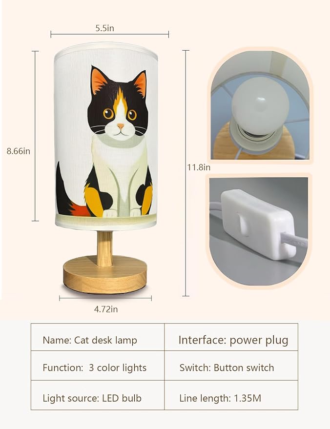Cat Lamp, Cat Night Light,3 Color Night Light Wood Nightstand Desk Base Flaxen Fabric Shade for Bedroom Living Room, Cats Lovers Gifts, LED Bulb Included