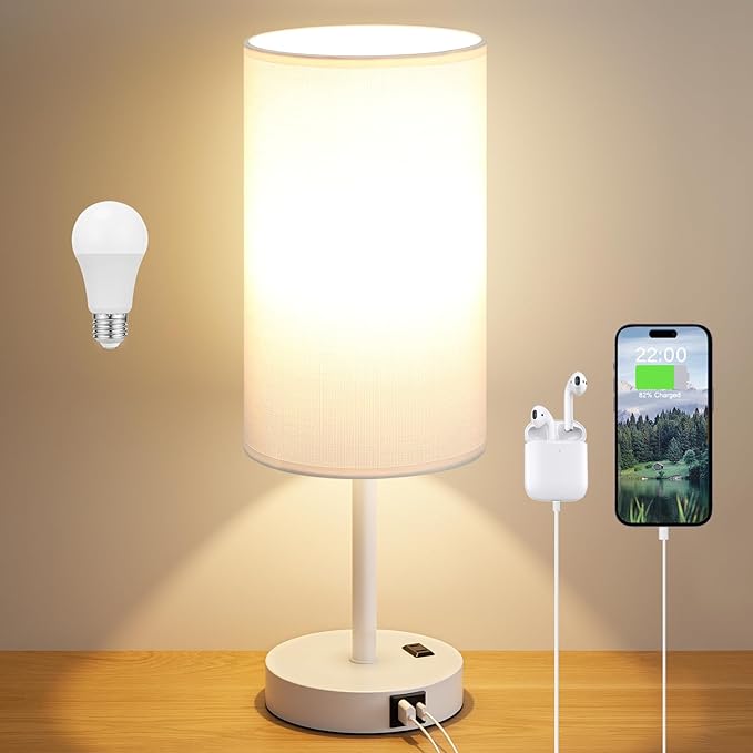 Dicoool Touch Bedside Table Lamp with USB - 3 Way Dimmable White Lamp for Bedroom Nightstand, Desk Lamp with Charging Station for Dorm, Office, Kids Room, Living Room