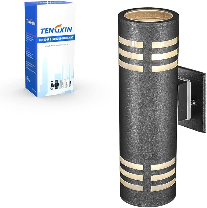 TENGXIN Outdoor Wall Light,Up and Down Cylinder Patio Porch Light,Stainless Steel 304 and Toughened Glass,Black Finished,IP 65 Waterproof