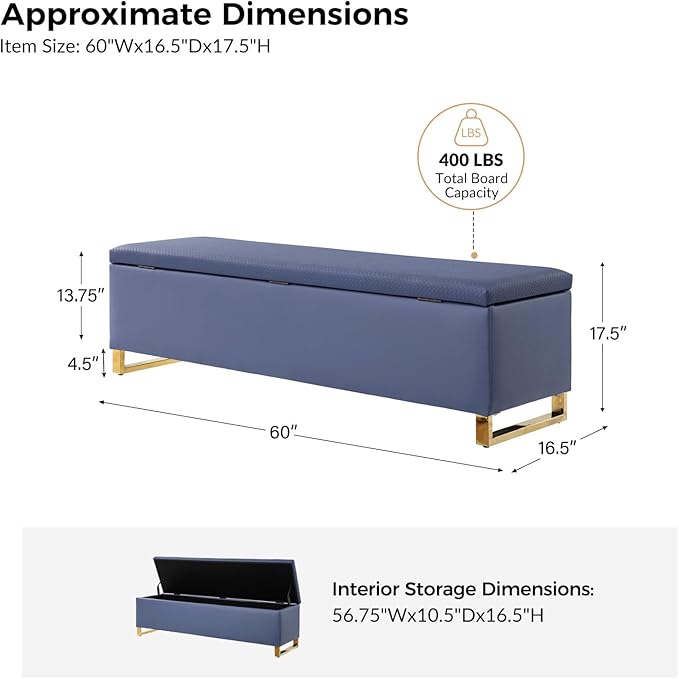 EcoHarbor Living Storage Ottoman Bench with Throw Ottomans, Modern End of Bed Bench, Upholstered Footrest Stool with Gold Legs for Living, Bedroom, Entryway and Hallway(Navy 60inch)