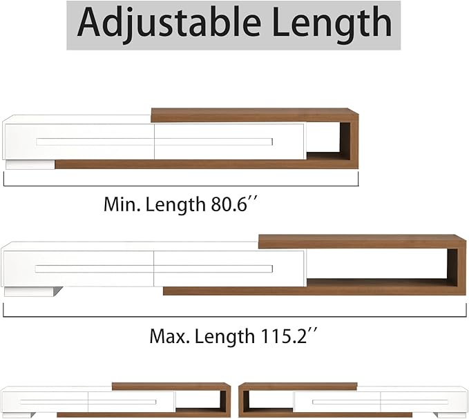 80’’-115’’ Extendable TV Stand for 120 Inch TV, Walnut Wood Modern Entertainment Center, Rectangle TV Console Table, Extendable, White