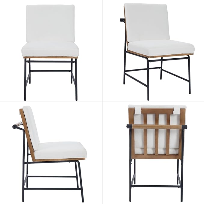 Modern Dining Chairs Set of 2, Comfy Sherpa Fabric Armless Upholstered Side Chairs with Wooden Backrest Black Metal Legs for Dining Room Living Room, White