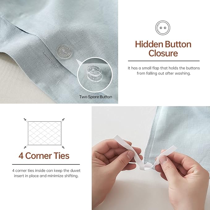 Simple&Opulence French Linen Duvet Cover Set 68" x 86"- 2 Pieces (1 Comforter Cover,1 Pillowcase)- Natural Flax Cotton Blend-Solid Color Breathable Farmhouse Bedding-Dusty Blue, Twin