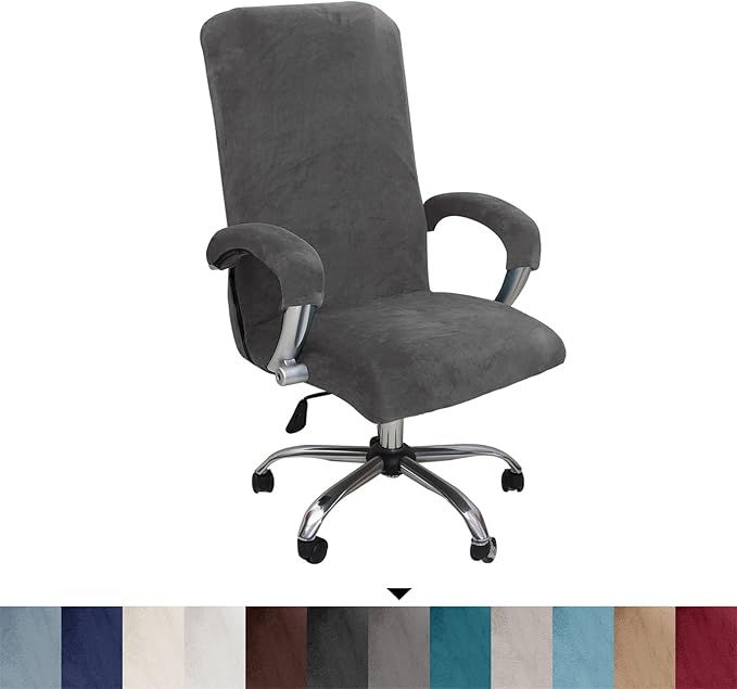 Velvet Plush Stretchable Office Computer Chair Cover Ergonomic - Cat Proof Protector for Mesh Office Desk Chair with Wheels and Armrests - Comfy Executive Rolling Chairs for Home Office, Gray, XL