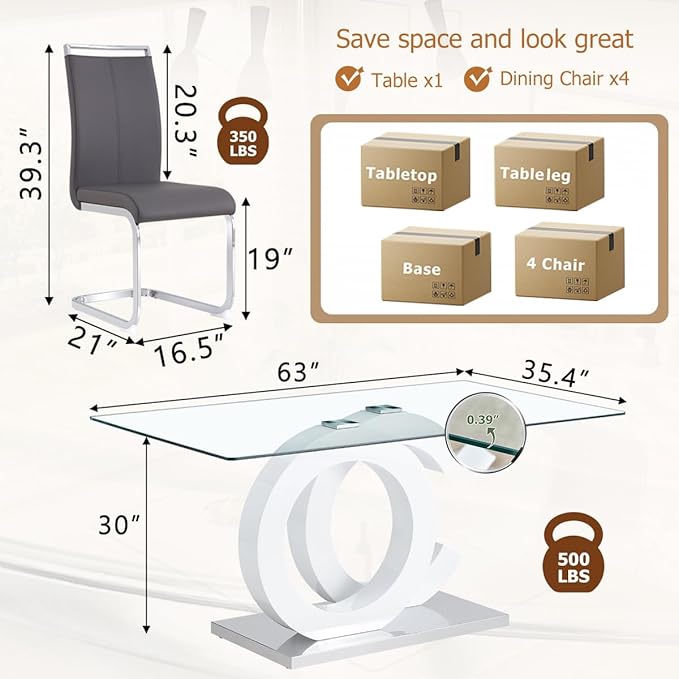 63'' Glass Dining Table Set for 4, Kitchen Table Chairs Set of 4, Clear Glass Dining Table with White unique design Leg and Silver Metal Base, 4 PU Dining Chairs with Metal Legs, Living Room, Kitchen.