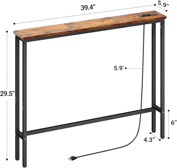 ELYKEN 5.9" Narrow Console Sofa Table with Power Outlets, Total 39.4” Long Behind Couch Table with Charge Station and 5.9’ Extension Cord for Living Room, 5.9" D x 39.4”W x 29.5”H, Rustic Brown