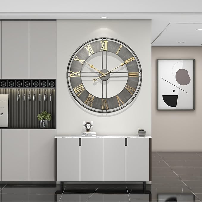 Large Wall Clock,20inch Metal Wall Clocks,Quality Quartz Movement Roman Numerals Clock for Living Room Bedroom Kitchen Decor,Silent Oversize Clock Battery Powered