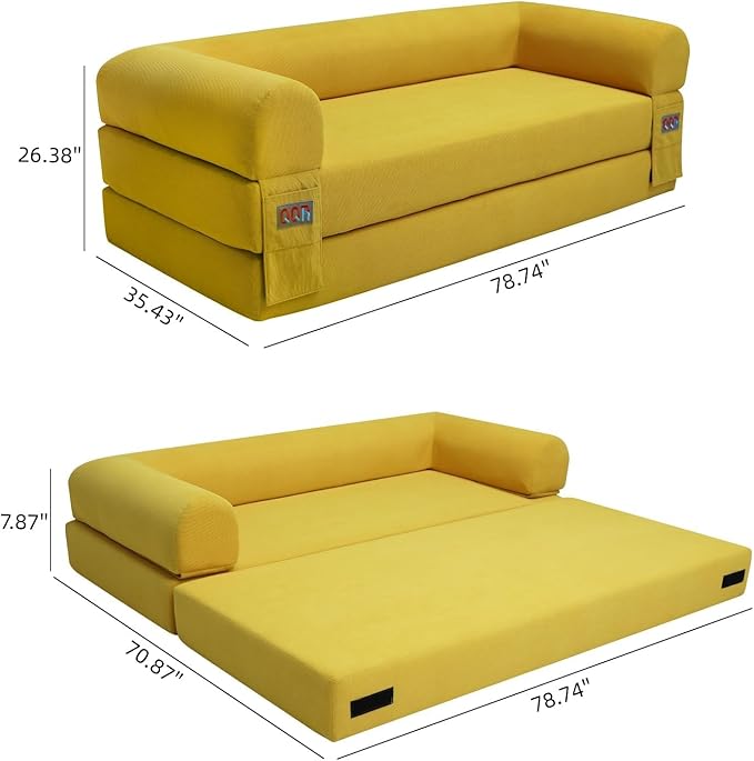Fold Sofa Bed Couch Memory Foam Futon Sleeper Chair Guest Bed and Fold Out Sofa, Couch for Living Room Corner Chair Bedroom (Yellow)