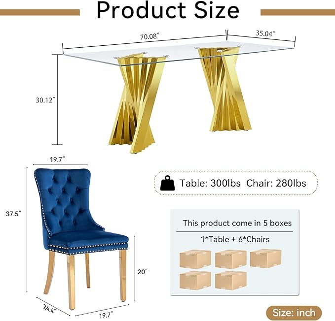 7 Piece Dining Table Set with 6 Blue Dining Chairs, Modern Glass Kitchen Table and Chairs Set for 6, 70" Rectangle Gold Glass Pedestal Dining Room Tables with Flash-Shape Stainless Steel Base