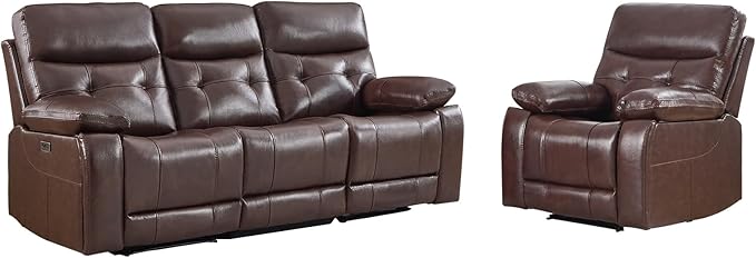 CANMOV Genuine Leather Power Recliner Sofa Set,Power Recliner Chair and Sofa Set, 2 Pieces Leather Couch with Storage Console, USB Ports, Cup Holders for Living Room,Dark Brown