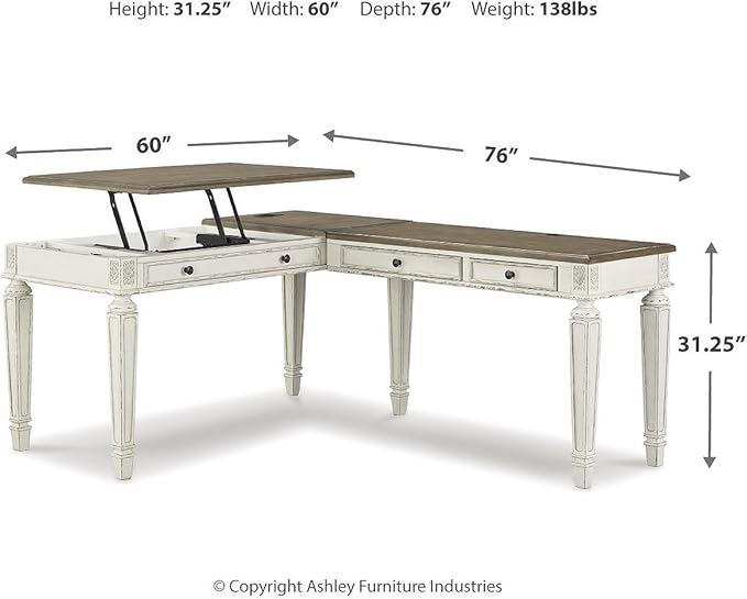 Signature Design by Ashley Realyn French Country 3-Drawer 2-Piece Home Office Desk with Spring Lift Top, USB Ports and AC Plug-Ins, Dark Brown & White