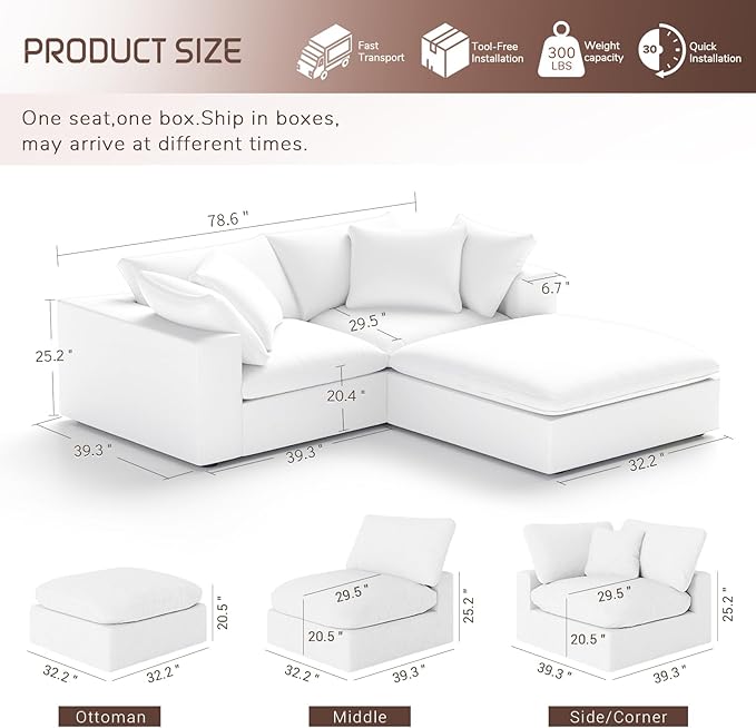 Modular Sectional Cloud Sofa Couch,L Shape 2 Seaters with Chaise Modern Down Filled Sofas Detachable Couch Cushion Covers Couches for Living Room Office Apartment,White