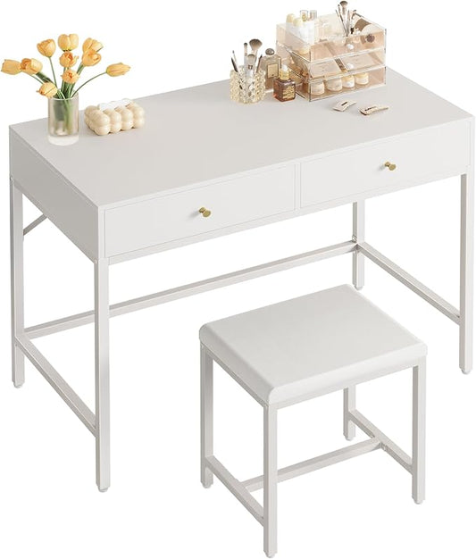 SUPERJARE 31.5" White Desk with 2 Drawers, Modern Makeup Vanity with Padded Stool, Small Computer Desk Home Office Desk for Writing Study Bedroom