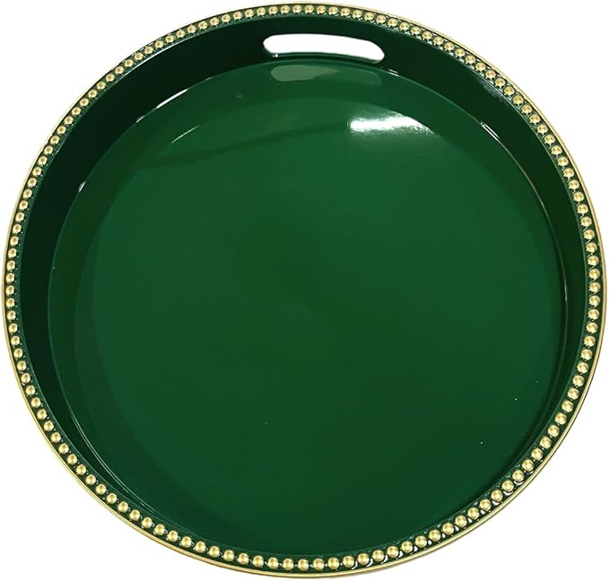 Green Decorative Tray for Coffee Table, Round Beaded Plastic Serving Tray forKitchen Counter, Ottoman, Living Room,(13")