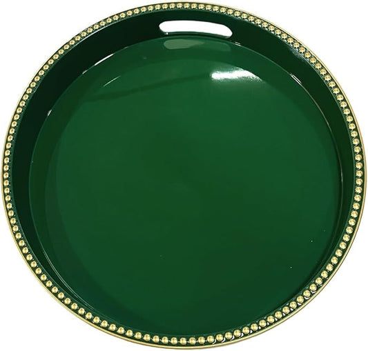 Green Decorative Tray for Coffee Table, Round Beaded Plastic Serving Tray forKitchen Counter, Ottoman, Living Room,(13")