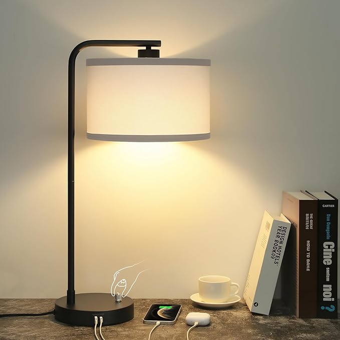 Seaside village Table Lamp for Bedroom with USB C+A Ports, Fully Stepless Dimmable Farmhouse Bedside Lamp Nightstand Light, Tall Reading Desk Lamp for Living Room, Office, 9W LED Bulb Included