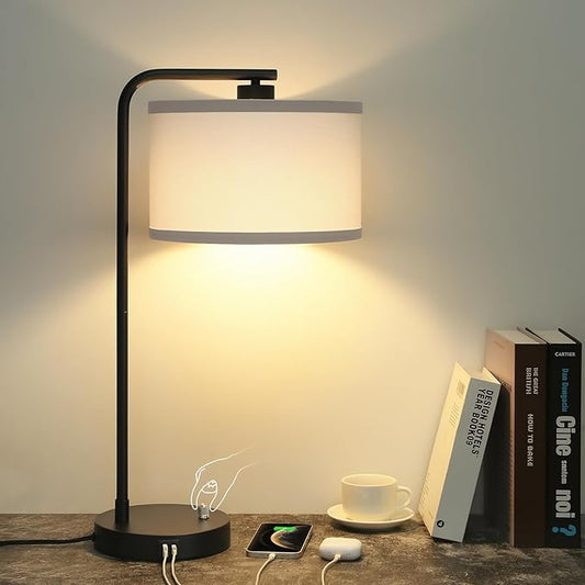 Seaside village Table Lamp for Bedroom with USB C+A Ports, Fully Stepless Dimmable Farmhouse Bedside Lamp Nightstand Light, Tall Reading Desk Lamp for Living Room, Office, 9W LED Bulb Included