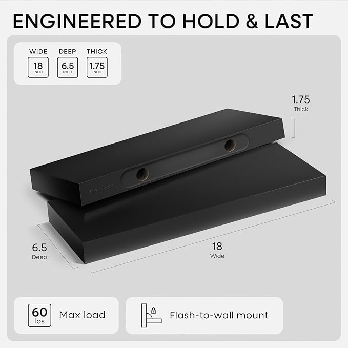 Homeforia Black Floating Shelf 18 inch, High End Solid Real Wood 18inch Bathroom Floating Shelves for Wall Mounted, Black Wooden 18in Floating Shelves, Heavy Duty Bracket, 18 X 6.5 X 1.75 in, Set of 3