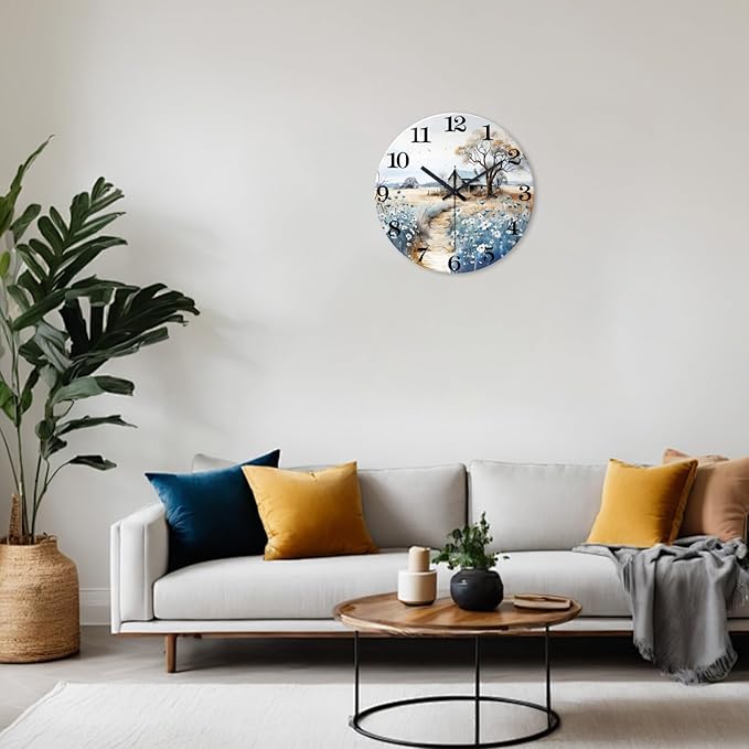 XNM Round Clock Battery Operated 16 Inch Wood Analog Large Wall Clocks for Living Room Blue Flower Wall Clock Silent(No Solid Wood, It is with MDF Material)