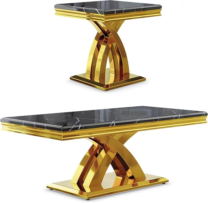 AUZ Black Gold Coffee Table Set of 2, Living Room Table Set with X- Shape Design Polished Stainless Steel Frame