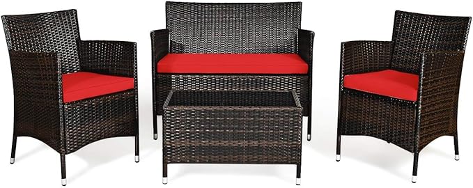 Goplus 4-Piece Rattan Patio Set, Outdoor/Indoor Wicker Conversation Set for Pool, Backyard, Lawn, Wicker Chairs and Sofa with Soft Cushion, Rattan Furniture with Tempered Glass Coffee Table