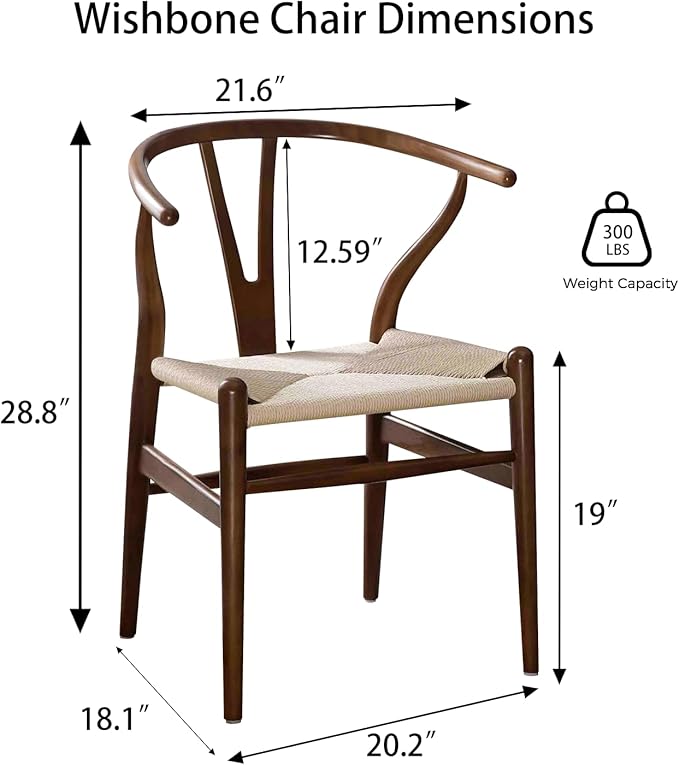 Tomile Wishbone Chair Y Chair, Wooden Dining Chairs Set of 2, Mid Century Modern Chairs with Arms, Solid Wood Weave Seat Kitchen & Dining Room Chairs (Ash Wood - Walnut Color)