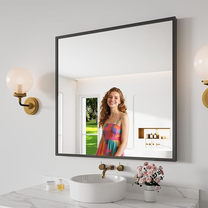 Koonmi Bathroom Mirror for Wall, 30"x30" Black Bathroom Mirror for Over Sink, Shatterproof Tempered Glass Vanity Mirror with Anti-Rust Aluminum Alloy Frame, Hang Horizontally or Vertically