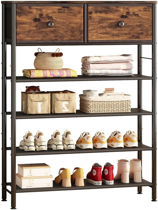 Shoe Rack Organizer 5 Tier Metal Organizer Shelf with 2 Drawers Industrial MDF Board and Layer Fabric for Entryway Closet Bedroom Living Room Garage