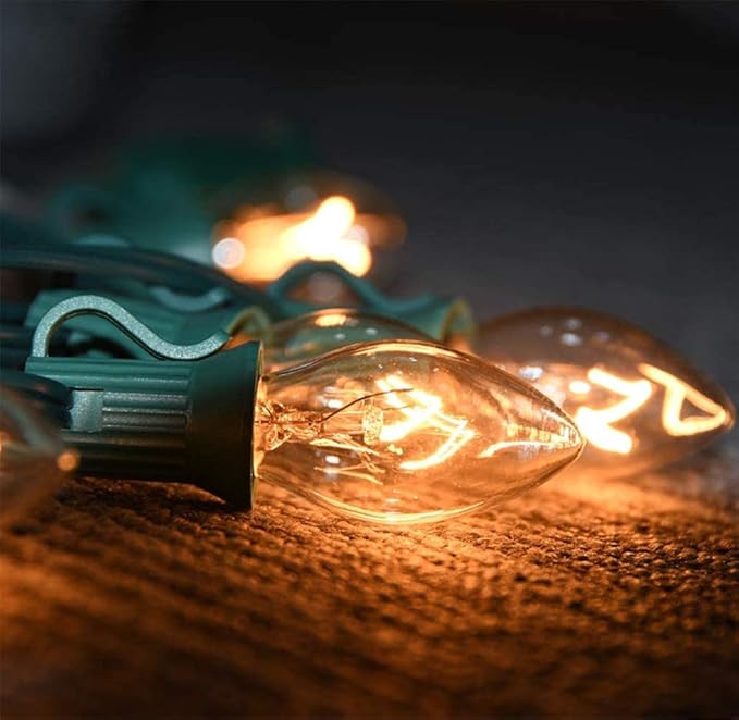 Couah C7 Christmas String Lights-25Ft Vintage Clear Lights with 27 Clear Incandescent Bulbs (2 Spare), Outdoor String Lights for Christmas Party Backyard Wedding - Green Wire