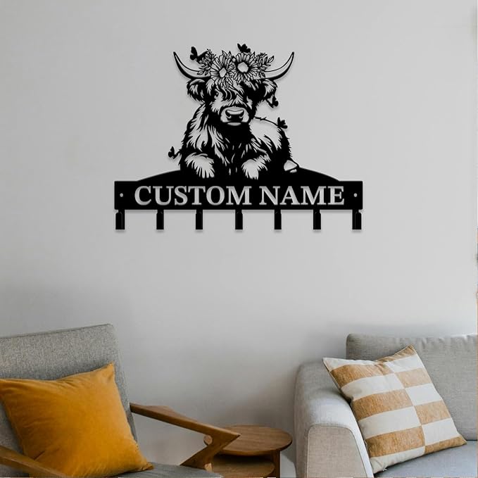 Personalized Highland Cow Metal Keys Hooks,Custom Name Metal Highland Cow Keys Hooks,Black Metal Highland Cow Wall Home Storage Decorative Keys Hooks,Key Holder Hooks for Wall (Style F)