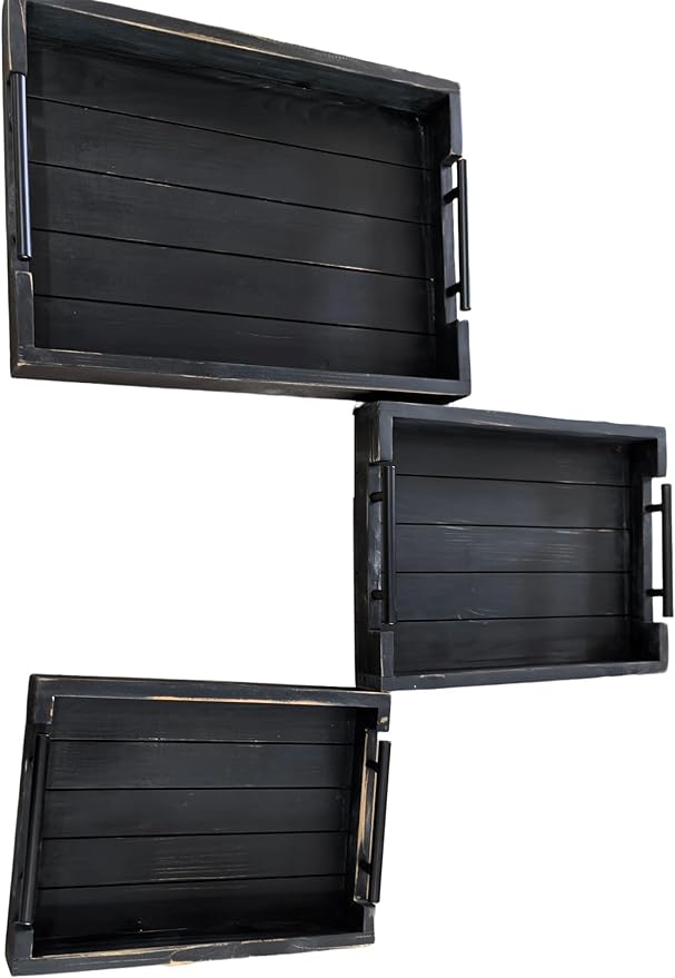 Coffee Table Tray Decorative Nested Vintage Wood Serving Tray Set for Eating, Breakfast, Party, Kitchen, Ottoman,Tea Coffee Table Large Ottoman Trays (Rustic Black, 3Pc)
