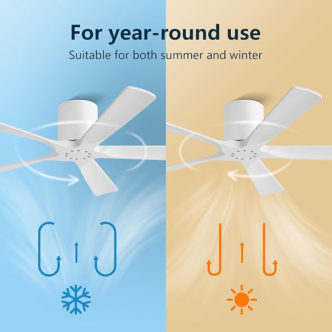 ELEHINSER 52 inch Low Profile Ceiling Fan without Light, 5 Solid Wood Blades,6-Speed,Quiet DC Motor, Timer,Flush Mount Modern Ceiling Fan No Light with Remote for Living Room Bedroom,White