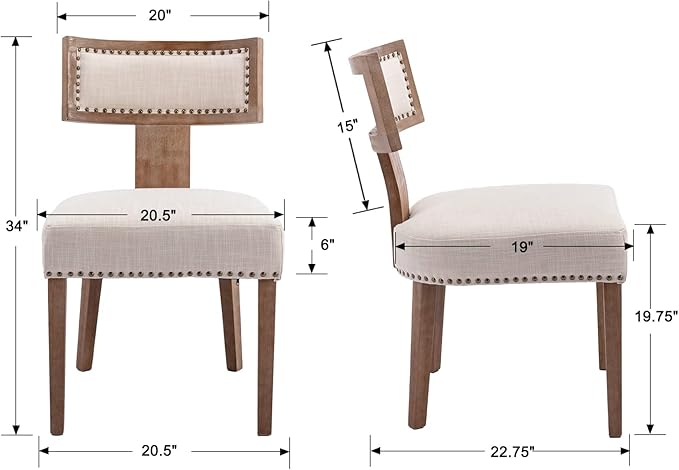 Mid Century Modern Dining Chairs Set of 6 Linen Fabric Upholstered Kitchen Side Chairs with Nailhead Trim, Modern Kitchen Armless Solid Wood Dining Chairs, Beige
