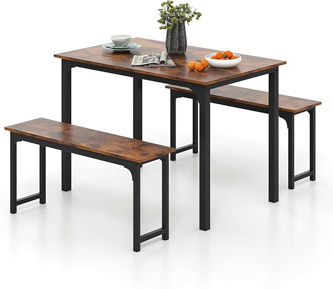 LDAILY Moccha Dining Table Set for 4, Kitchen Table with Benches,43 Inch 3-Piece Wooden Space-Saving Dinette Set with Metal Frame for Kitchen, Dining Room,Small Spaces, Rustic Brown & Black