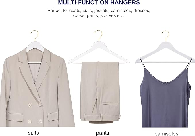 Amber Home 20 Pack Solid Wood Suit Coat Hangers, Smooth White Finish Wooden Dress Hangers with Non Slip Pant Bar, Clothes Hangers with Gold Hook & Notches for Jacket, Pant, Shirt (White+Gold, 20)