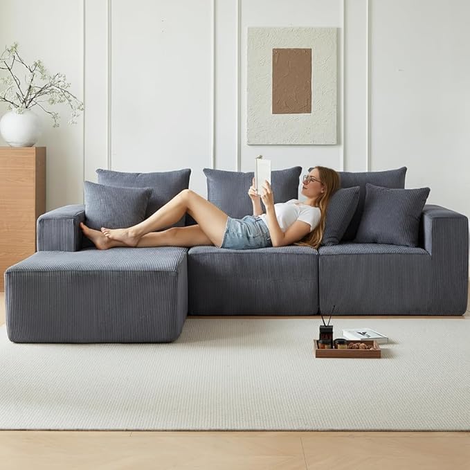 Boneless Couch, 101" Corduroy Couch with Deep Seat, Modular Sectional Sofa in a Box, Memory Foam Compressed Sofa for Living Room (Grey)