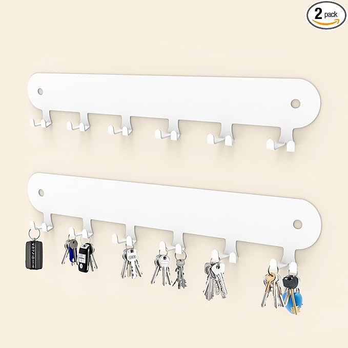 2 Pack Key Holder for Wall,Key Hooks,Key Holder Wall Mount Self Adhesive, Key Rack Wall Mount for Wall No Drill for Living Room, Kitchen, Bathroom, Garage (White, 12 Hooks)