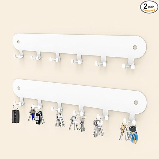 2 Pack Key Holder for Wall,Key Hooks,Key Holder Wall Mount Self Adhesive, Key Rack Wall Mount for Wall No Drill for Living Room, Kitchen, Bathroom, Garage (White, 12 Hooks)
