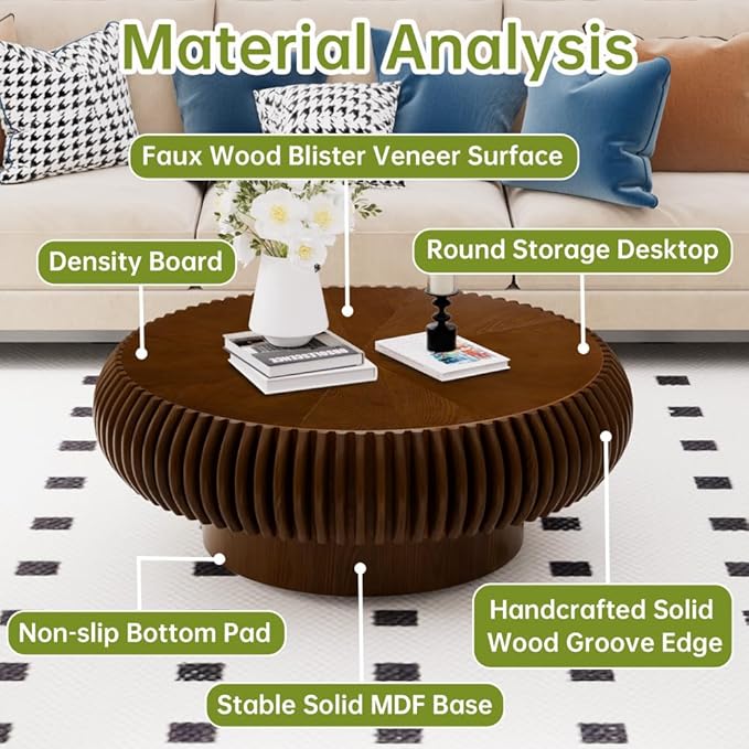 Brown Round Coffee Table for Living Room Round Fluted Drum Coffee Table Modern Walnut Fluted Coffee Tables for Living Room (Walnut, 31.4 inch)