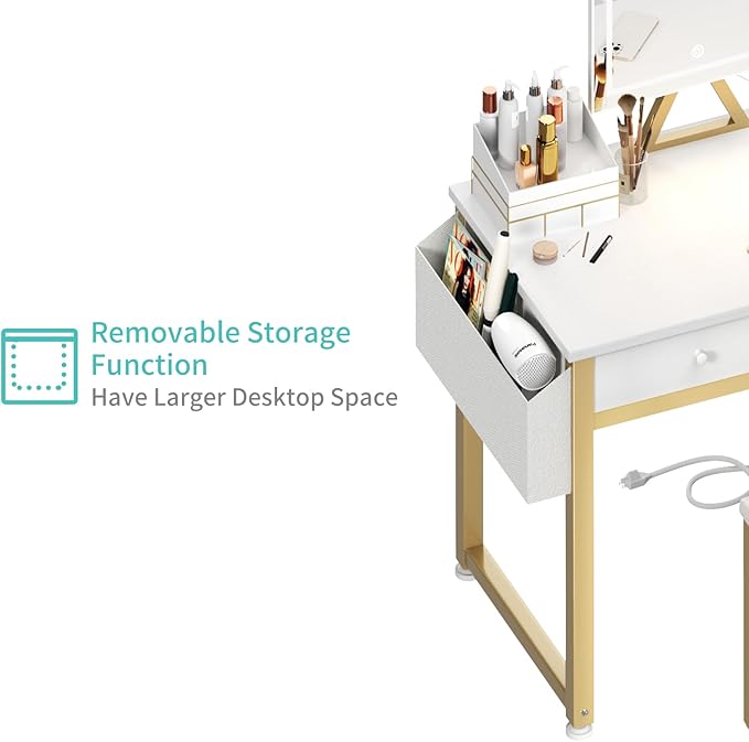 Lufeiya Small Makeup Vanity Desk with Mirror and Light, 32 inch White Vanity Desks Sets with Fabric Drawers for Girls Teen, Dressing Table and Chair Set with Power Outlet for Bedroom, White Gold