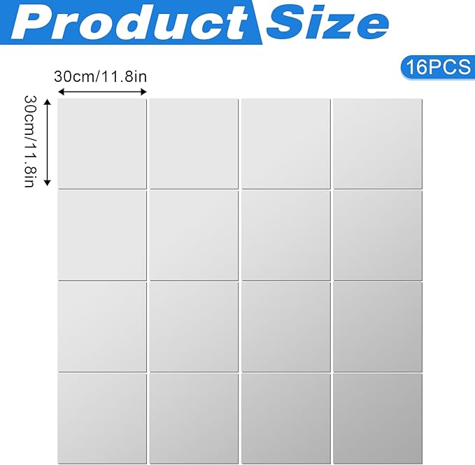 16 Packs Home Gym Mirrors 12'' x 12'' Wall Mounted Mirror Tiles, Square Large Wall Mirror Frameless Full Length Mirror for Home Gym, Bedroom, Door, Bathroom, Living Room