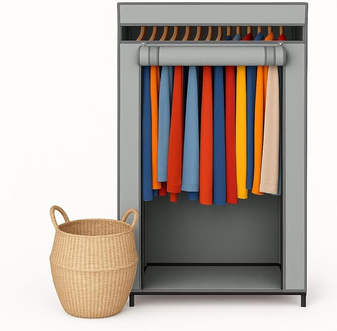 HOLDN’ STORAGE Portable Wardrobe Closet - 50 lb Capacity, Internal Heavy Duty Metal Rod, Zipper & Clear Window, Durable Clothes Organizer, Tool-Free Easy Assembly, Dark Gray Canvas Cover