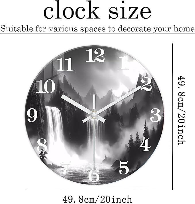 XNM Black and White Office Wall Clock Battery Operated 20 Inch Landscape Silent Clock for Wall Round Glass Large Wall Clock Analog