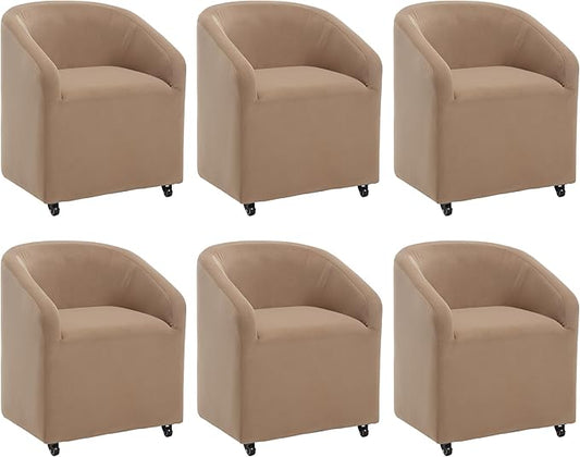 Set of 6 Modern Upholstered Dining Chairs with Swivel Casters, Velvet Barrel Back Accent Side Chair for Dining Room Living Room, Khaki