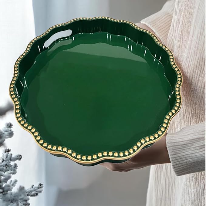 Green Decorative Tray for Coffee Table, Wavy Scallop Beaded Plastic Serving Tray forKitchen Counter, Ottoman, Living Room, (13")